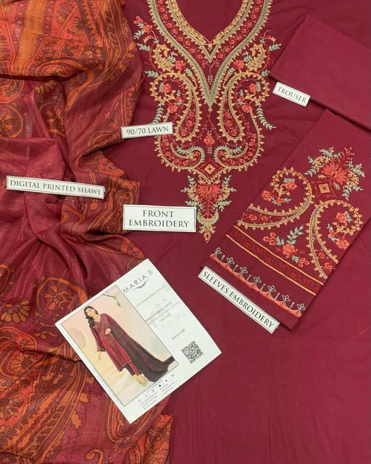 3 Pcs Women's Unstitched Embroidered Suit