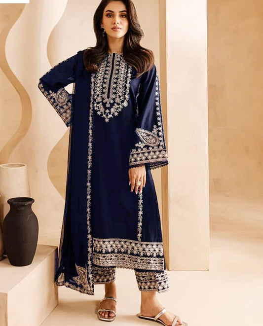 Charming Blue Suit Set - 3 Pcs Embroidered Lawn Fabric